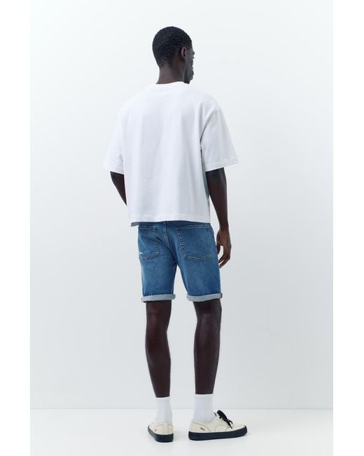 Pull&Bear Blue Ripped Denim Bermuda Shorts for men