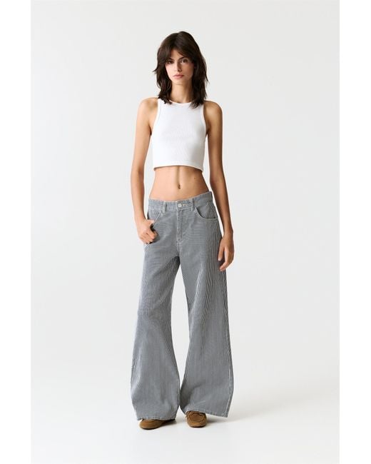 Pull&Bear White Striped Wide-Leg Jeans