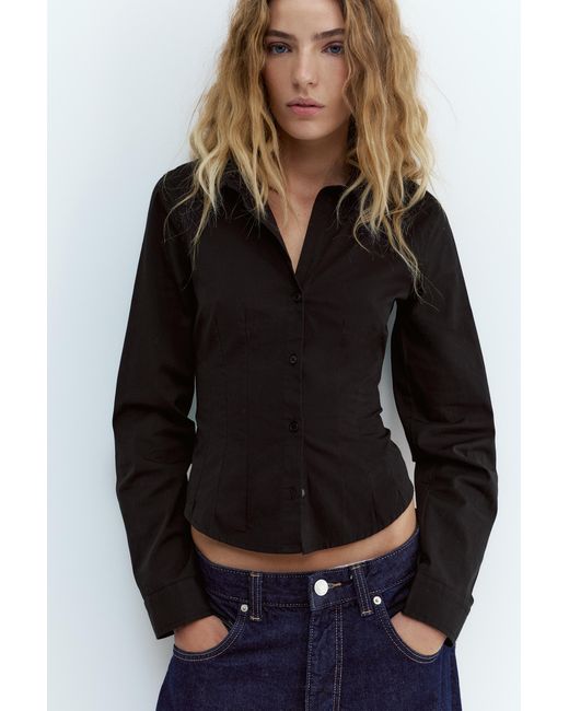 Pull&Bear Black Fitted Poplin Shirt With Pleats