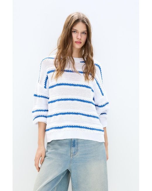 Pull&Bear White Textured Striped Jumper
