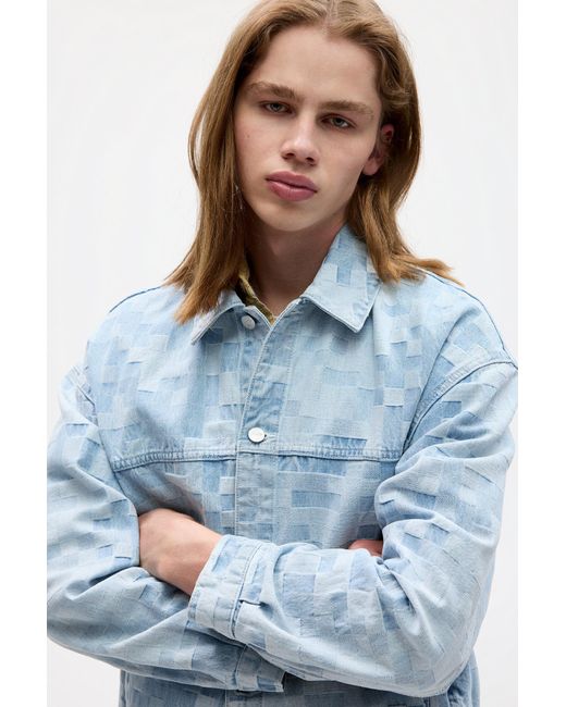 Pull&Bear Blue Stwd Check Denim Jacket for men