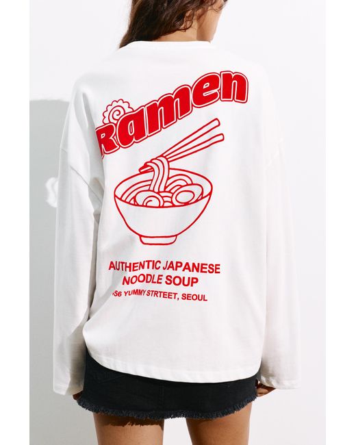 Pull&Bear White Long Sleeve Graphic T-Shirt