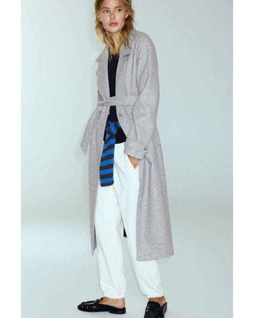 Pull&Bear Blue Langer Mantel Mit Bindegürtel