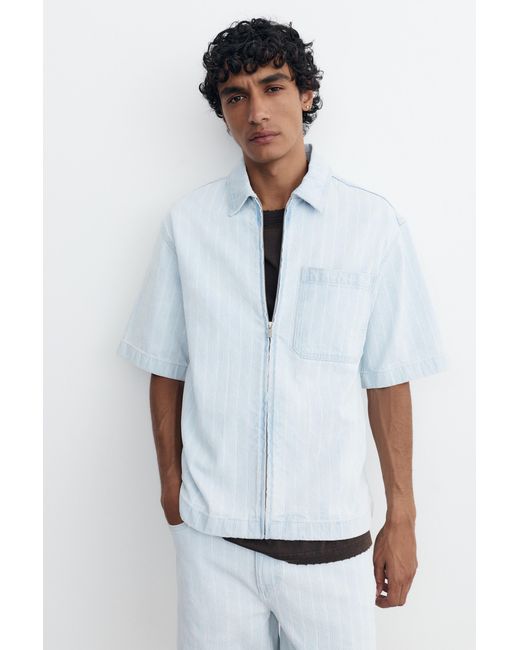 Pull&Bear White Zip-Up Denim Shirt for men
