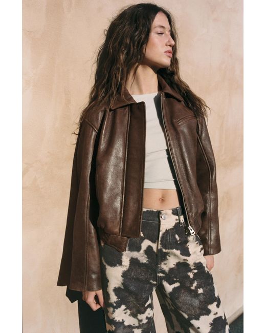 Pull&Bear Brown 100% Leather Bomber Jacket
