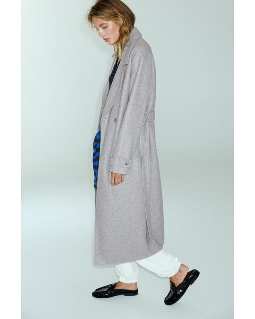 Pull&Bear Blue Langer Mantel Mit Bindegürtel