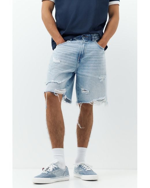 Pull&Bear Straight Fit Denim Short in het Blue voor heren