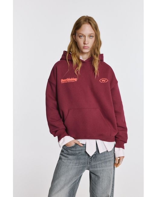 Pull&Bear Red Overthinking Graphic Hoodie