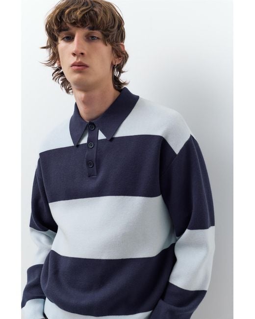 Pull&Bear Blue Paneled Knit Polo Shirt for men
