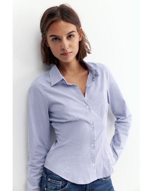 Pull&Bear Blue Fitted Wide-Cuff Shirt