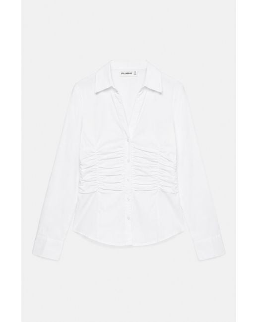 Pull&Bear White Fitted Gathered Poplin Shirt