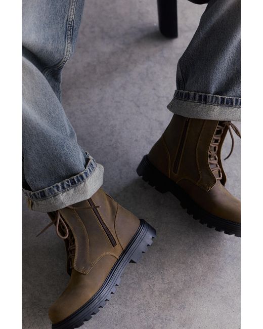 Pull&Bear Gray Lace-Up Leather Boots for men