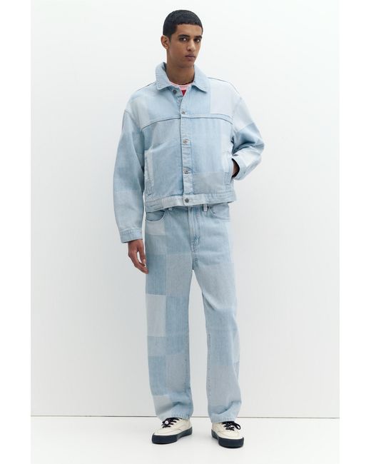 Pull&Bear Blue Patchwork Check Denim Jacket for men