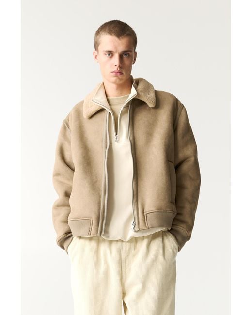 Pull&Bear Natural Faux Suede Jacket With Faux Shearling Lining for men