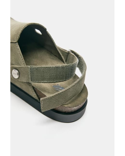 Pull&Bear Green Stwd Leather Strap Clogs for men