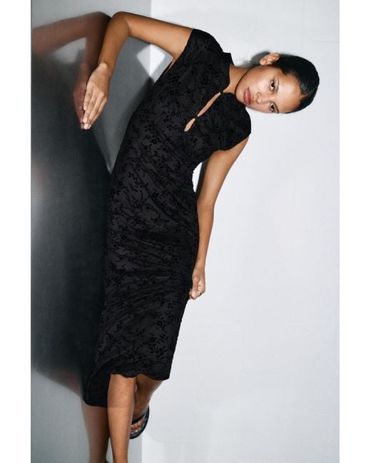 Pull&Bear Black Stand Collar Midi Dress With Frog Fastenings