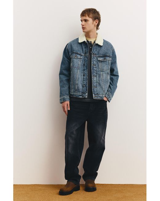 Pull&Bear Blue Denim Jacket With Faux Shearling Collar for men