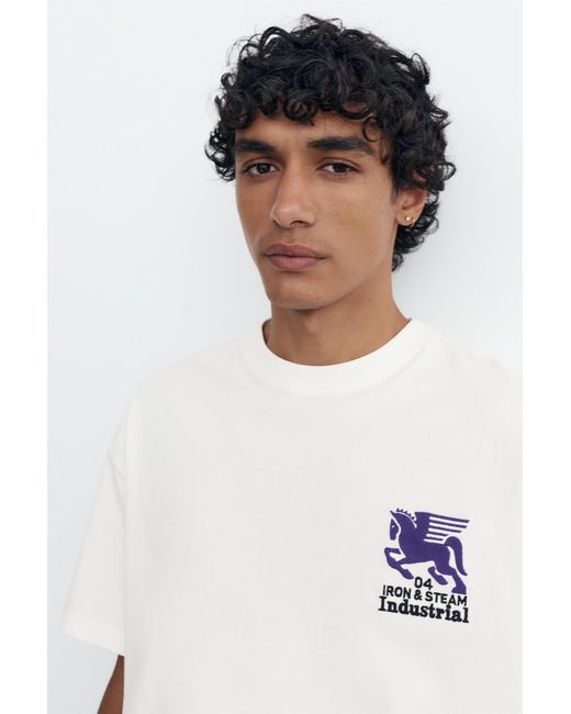 Pull&Bear White Boxy T-Shirt With Embroidered Graphic for men