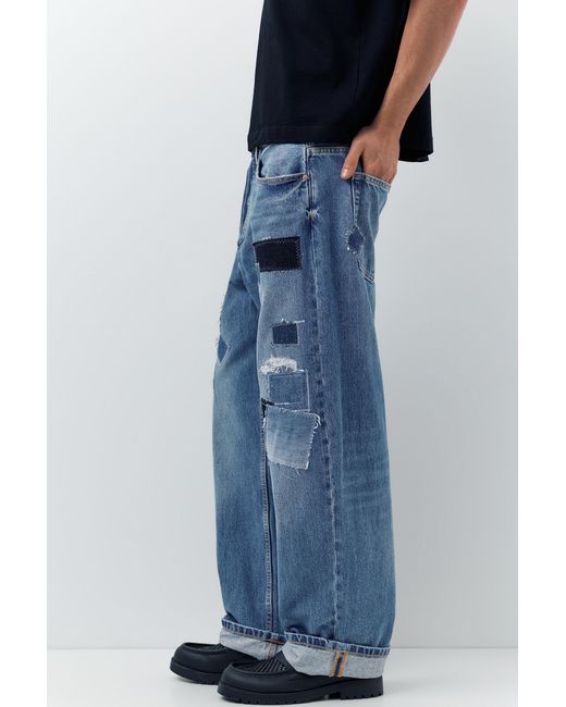 Pull&Bear Blue Baggy Patchwork Jeans for men