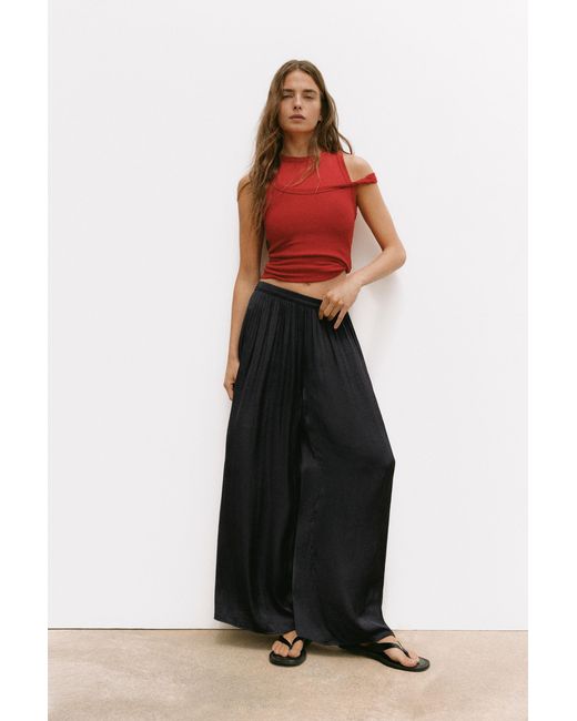 Pull&Bear Black Satin Wide-Leg Trousers
