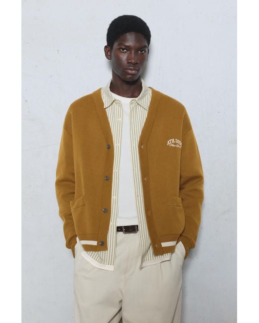 Pull&Bear Natural Embroidered Varsity Cardigan for men