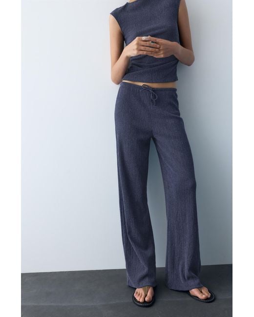 Pull&Bear Blue Wide-Leg Crepe Trousers