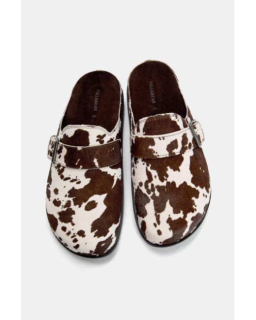 Pull&Bear Brown Cow Leather Clogs for men