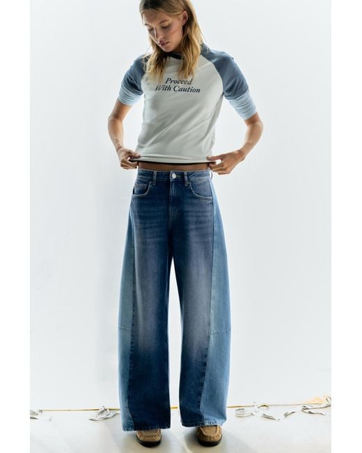 Pull&Bear Blue Patchwork Barrel Jeans