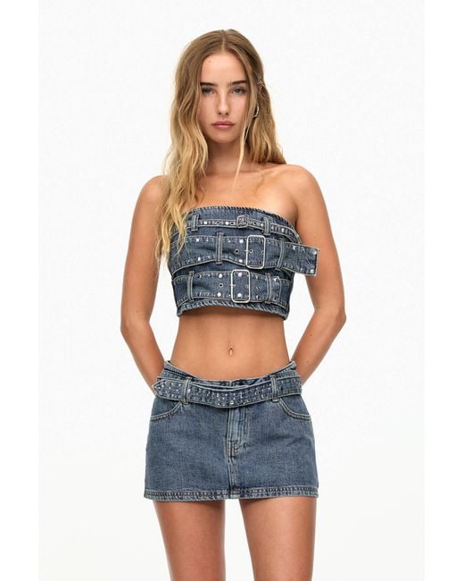 Pull&Bear Blue Denim Mini Skirt With Studded Belt