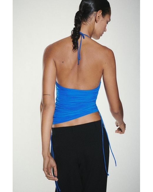 Pull&Bear Blue Asymmetric Halter Top With Gathered Detail