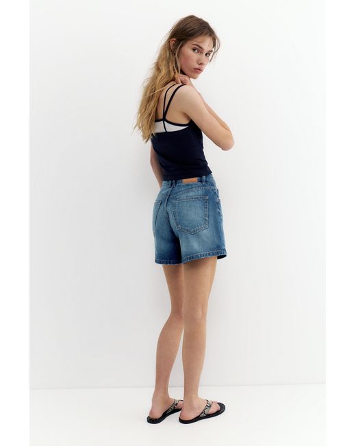 Pull&Bear Blue Mid-Waist Denim Bermuda Shorts