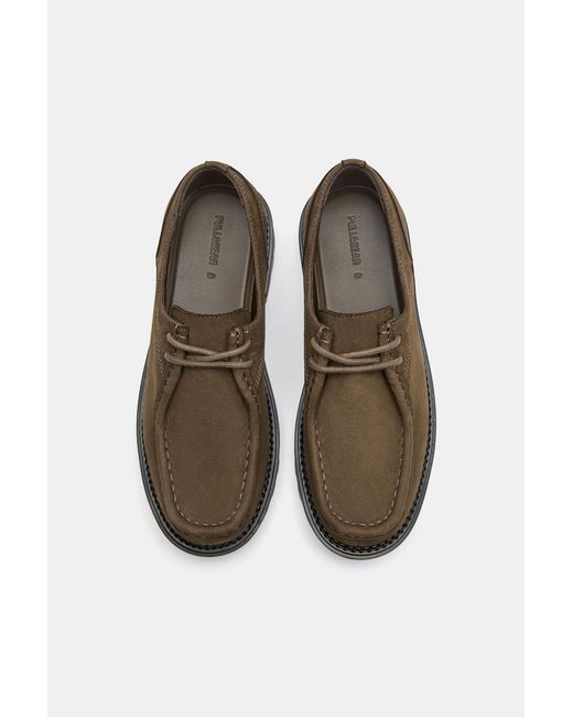 Pull&Bear Blue Lace-Up Leather Flat Shoes for men