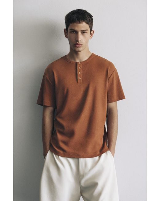 Pull&Bear Brown Slim-Fit Henley T-Shirt for men