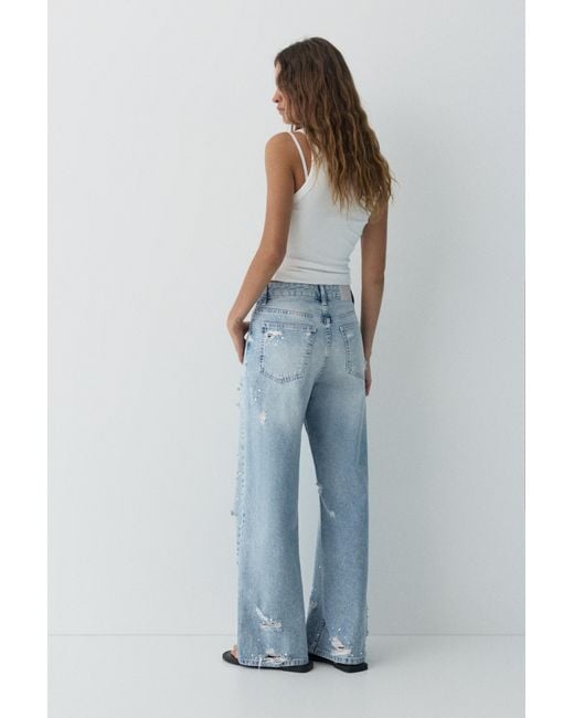Pull&Bear Blue Ripped Baggy Jeans With Rhinestones