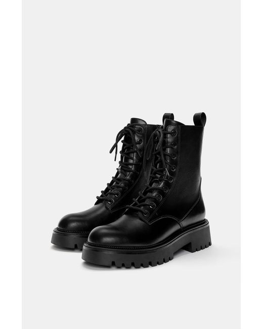 Pull&Bear Black Geschnürte Flache Stiefeletten