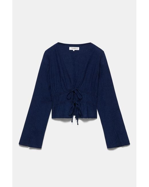 Pull&Bear Blue Denim Blouse With Ties