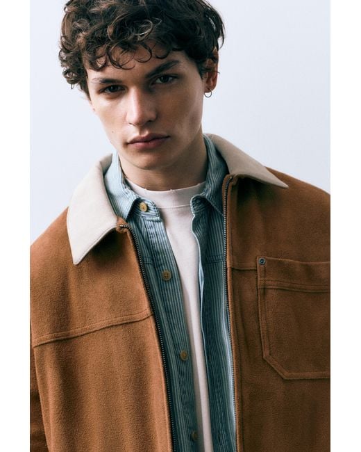 Pull&Bear Blue Faux Suede Jacket With Contrast Collar for men