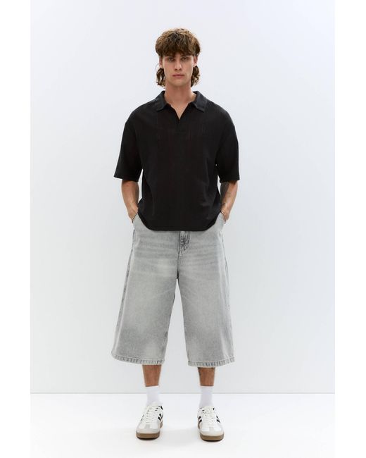 Pull&Bear Rustikales Strick-Poloshirt Lochmuster in Black für Herren