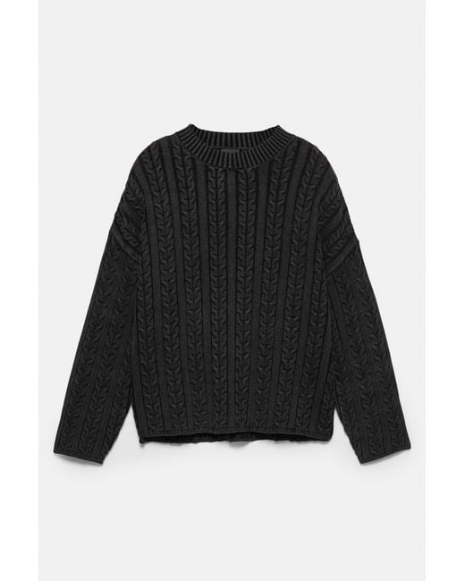 Pull&Bear Black Acid Wash Cable-Knit Sweater for men