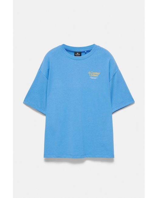 Pull&Bear Blue Embroidered Graphic T-Shirt for men