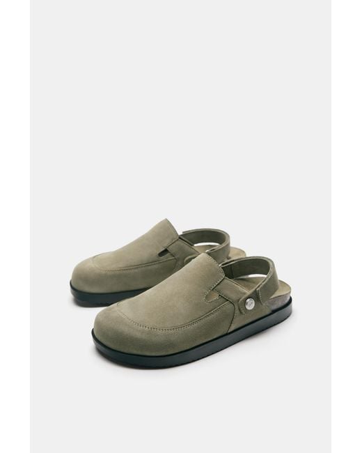 Pull&Bear Green Stwd Leather Strap Clogs for men