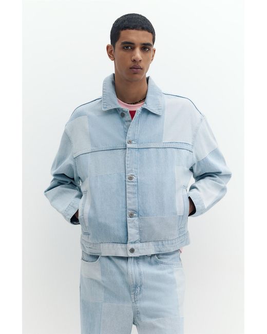 Pull&Bear Blue Patchwork Check Denim Jacket for men