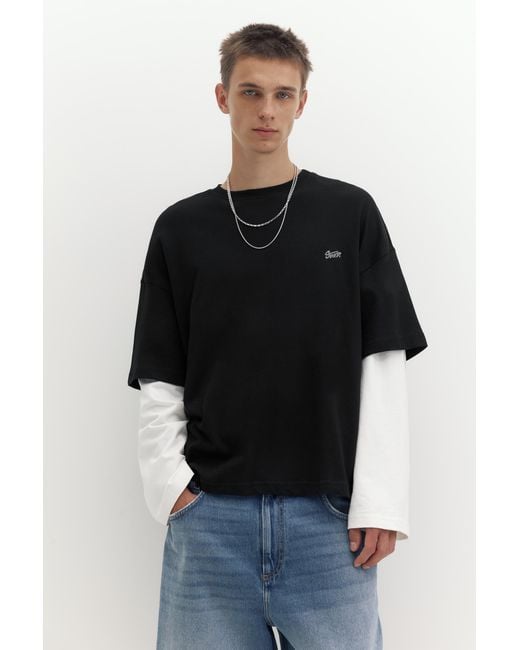 Pull&Bear Black Stwd Double Sleeve T-Shirt for men