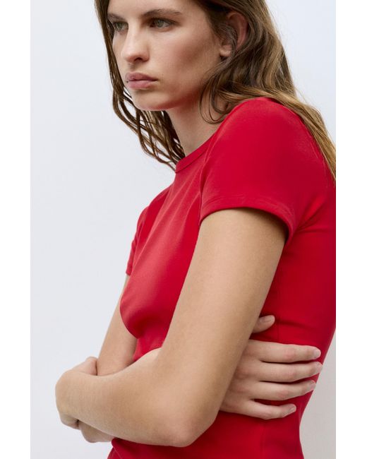 Pull&Bear Red Short Sleeve Fitted T-Shirt