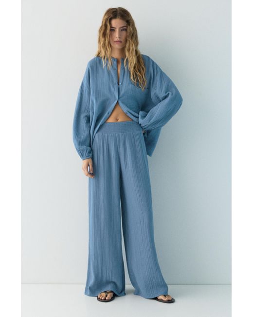 Pull&Bear Blue Flowing Gauze-Effect Trousers