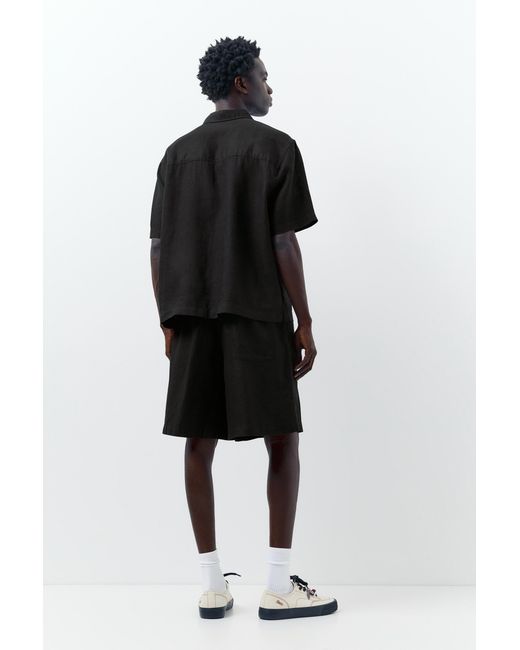 Pull&Bear Black 100% Linen Short Sleeve Shirt for men