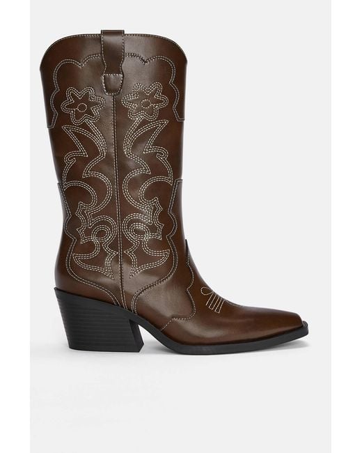 Pull&Bear Brown Cowboy Boots With Topstitching