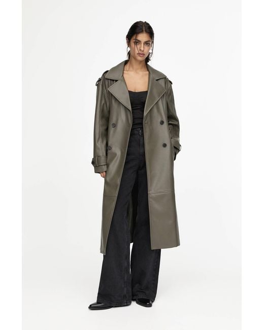 Pull&Bear Green Belted Faux Leather Trench Coat