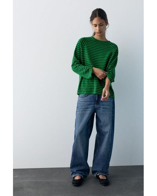 Pull&Bear Green Long Sleeve Striped T-Shirt