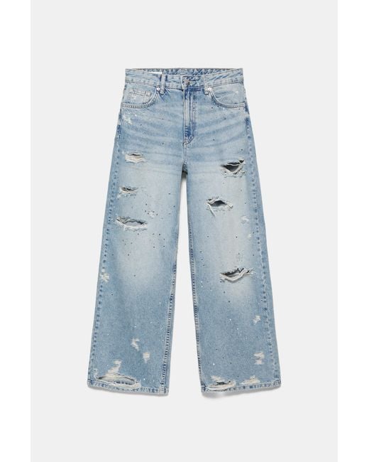 Pull&Bear Blue Ripped Baggy Jeans With Rhinestones